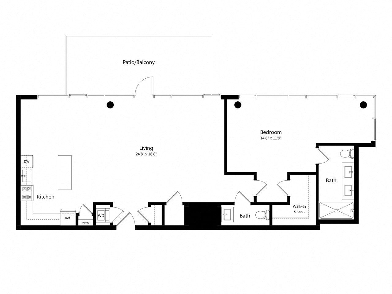 Floor plan for 1 bed, 1.5 baths, 1230 sqft
